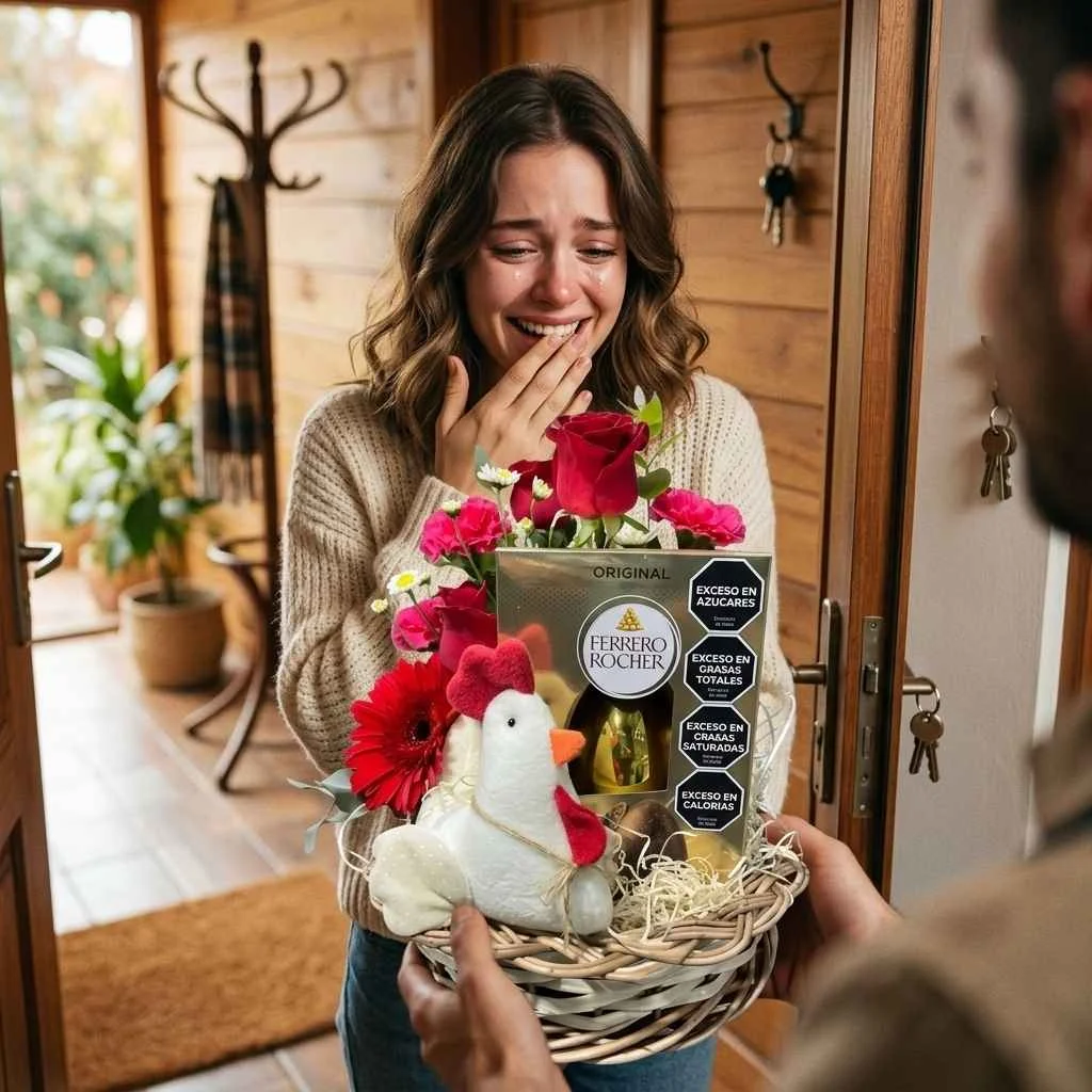 CANASTA DE PASCUA CON FLORES HUEVO ROCHER Y GALLINA